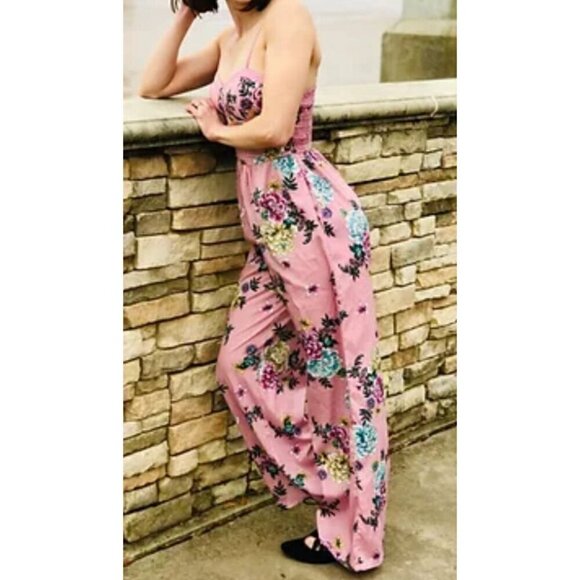 Band of Gypsies Womens Pink Floral Wide Leg Jumpsuit Size Small - Picture 1 of 15